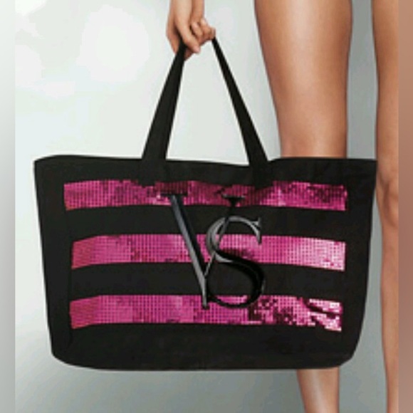 Victoria's Secret Black and Hot Pink Sequin Tote Bag - Picture 2 of 7
